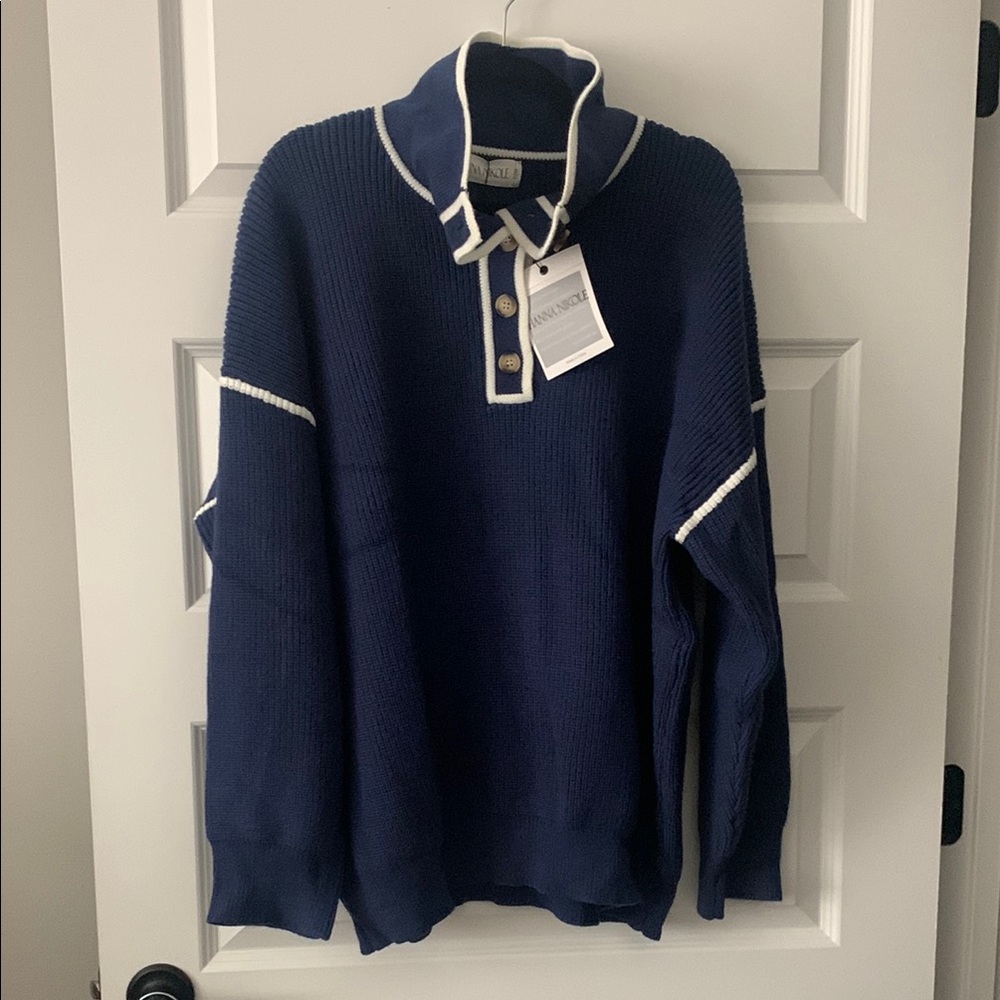 Navy Blue Oversized Sweater with White Trim